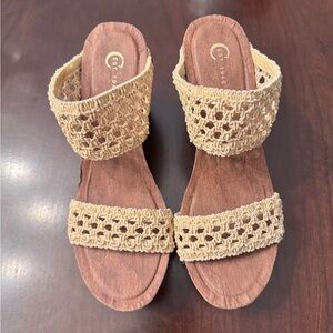 Women's Tan Woven Elastic Strap Wedge Shoes with Bohemian Flair. Size 8